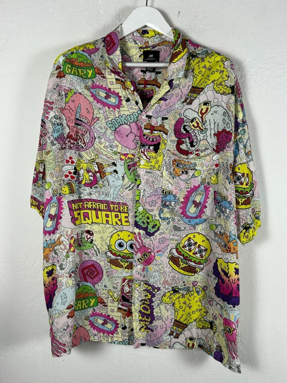 H&M x SpongeBob SquarePants Mens Shirt Short Sleeve Trippy Graffiti Print XXL